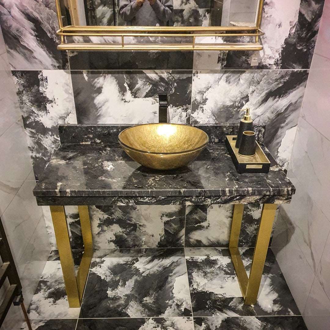 Cosmic Black Granite bathroom worktop, gold coloured swirls against a black background