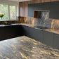 Cosmic Black Granite kitchen worktops, gold coloured swirls against a black background