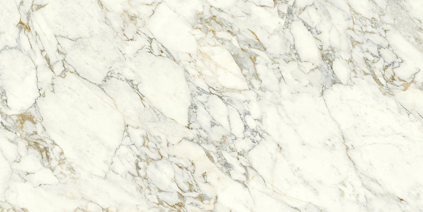 Uniceramica Arabescato Vagli, Ceramic slabs with white-creamy base-colour and darker grey veins spread over the surface.