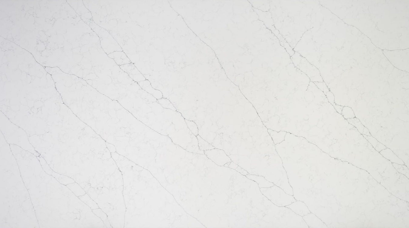 Arctic White quartz slab, grey veining on a white background