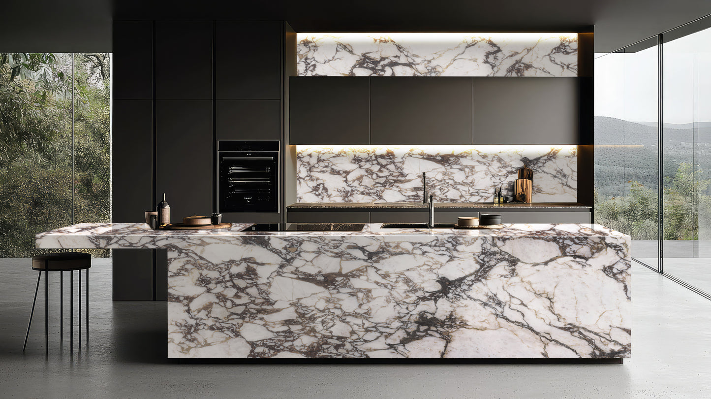 Modern kitchen with marble island and backsplash