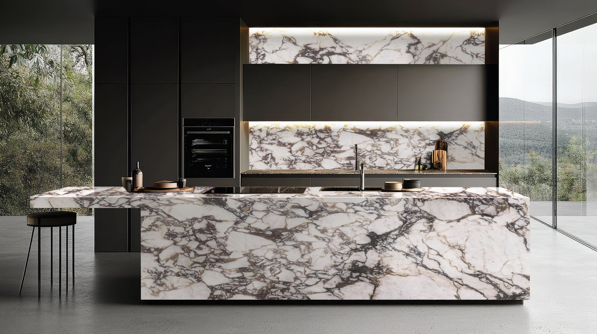 Modern kitchen with marble island and backsplash