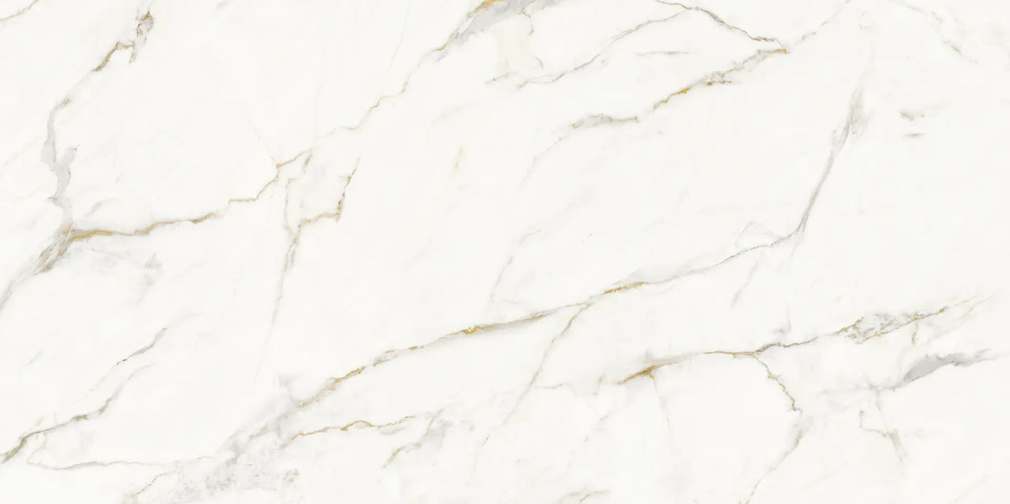 Uniceramica Calacatta Oro Ceramic slabs with white base-colour and darker grey - brownish veins spread over the surface.