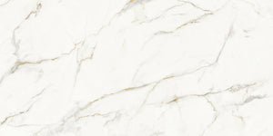 Uniceramica Calacatta Oro Ceramic slabs with white base-colour and darker grey - brownish veins spread over the surface.