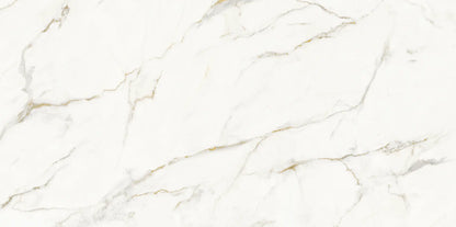 Uniceramica Calacatta Oro Ceramic slabs with white base-colour and darker grey - brownish veins spread over the surface.