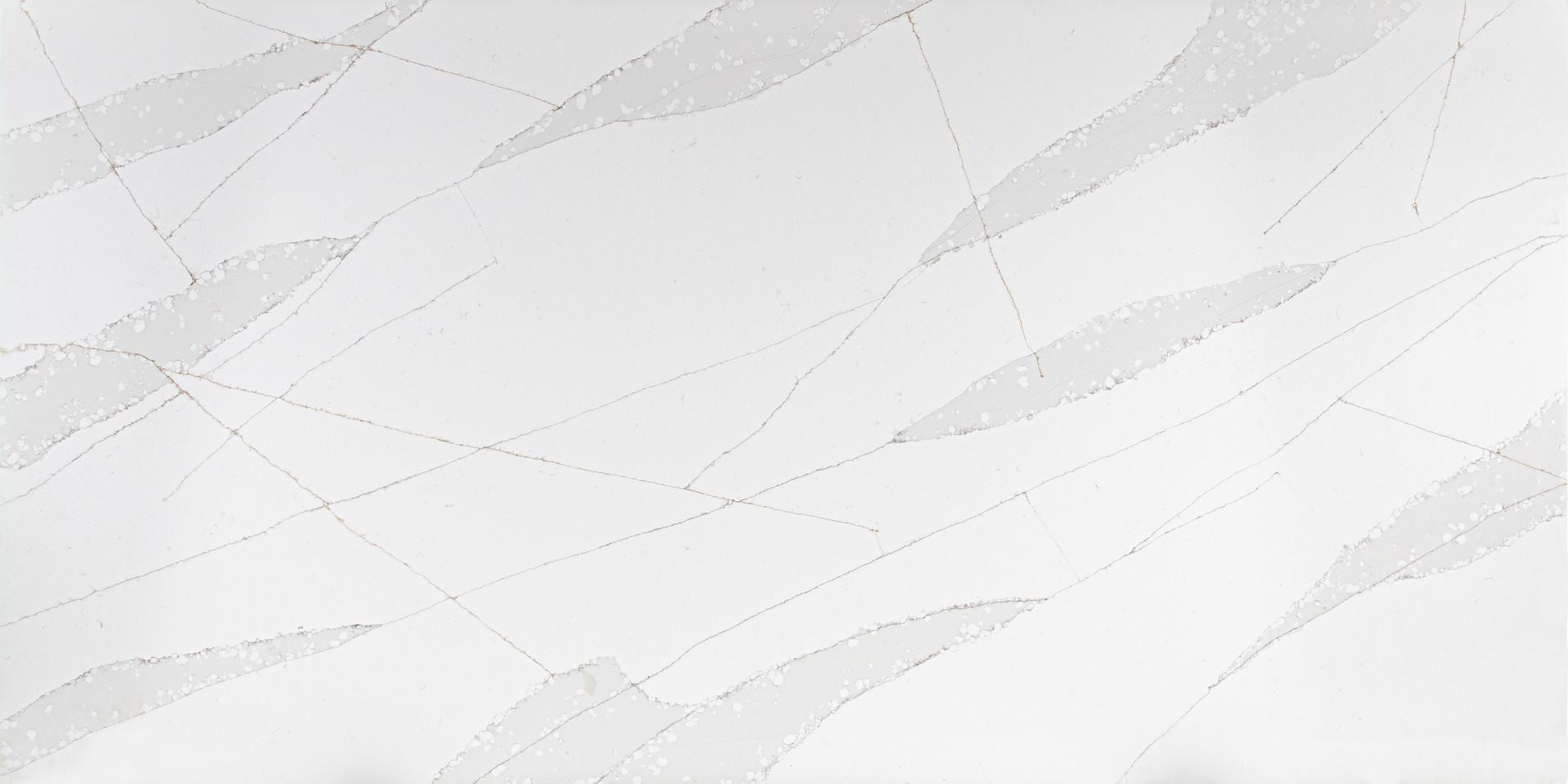 Calacatta Hazel quartz slab with thick veining combined with interlaced thinner veins on a white background.