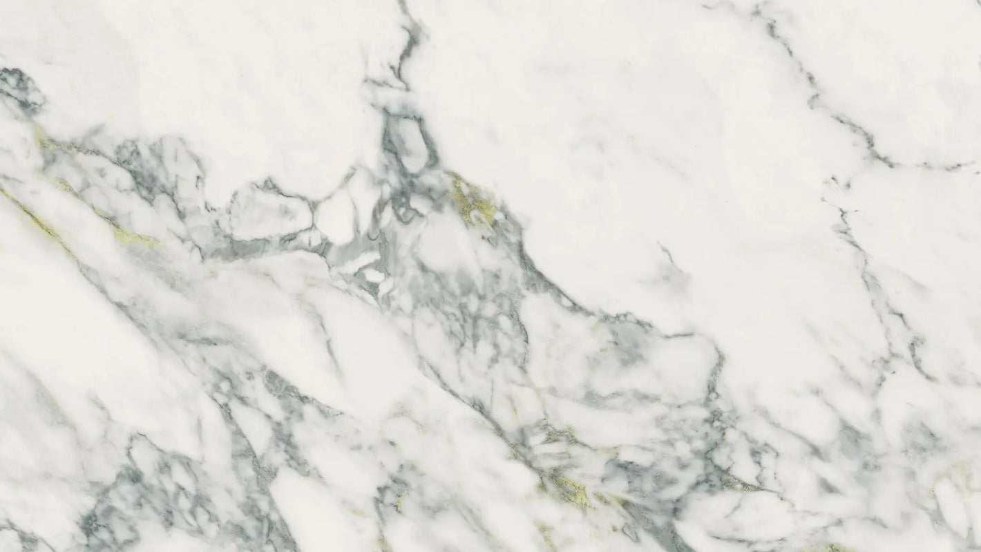 Uniceramica Arabescato Calacatta Ceramic slabs with white base-colour and darker grey veins spread over the surface.