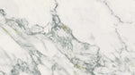 Uniceramica Arabescato Calacatta Ceramic slabs with white base-colour and darker grey veins spread over the surface.