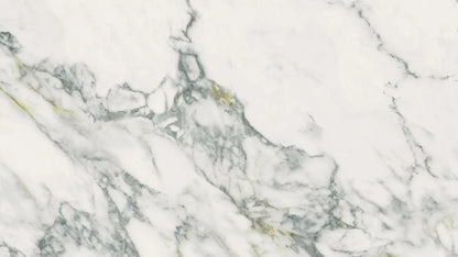 Uniceramica Arabescato Calacatta Ceramic slabs with white base-colour and darker grey veins spread over the surface.