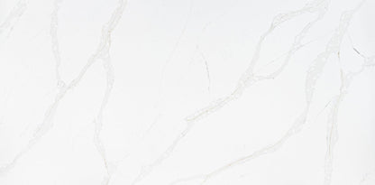 Calacatta gold quartz slab with grey veins married with delicate gold veins throughout the slab. 