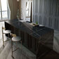 Silestone Eternal Noir black Quartz Kitchen Island with stark white lines in patterns through it.