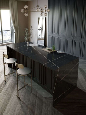 Silestone Eternal Noir black Quartz Kitchen Island with stark white lines in patterns through it.