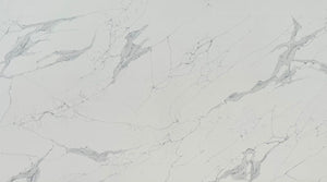 Venetian River quartz slab with a white background with a mix of thin and thick marble veining.